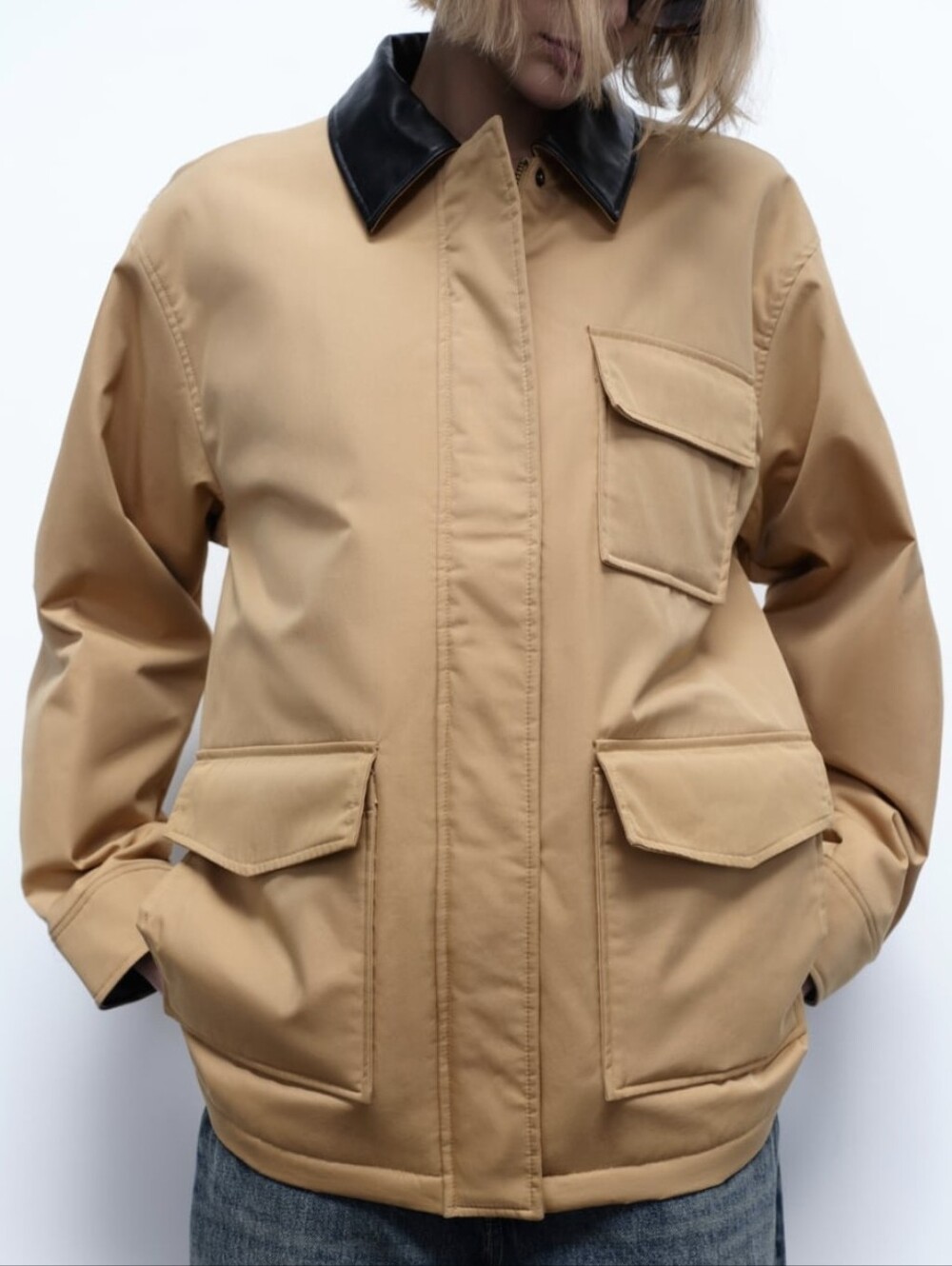 Zara combination Quilted Barn Chore Jacket L tan Faux Leather Collar Utility